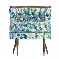 Floral Pattern Accent Chair In Blue Green White With Tufted Back And Curved Wooden Legs