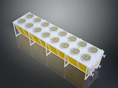 Industrial Equipment With Multiple Circular Components On Long Yellow And White Rectangular Frame 3d model