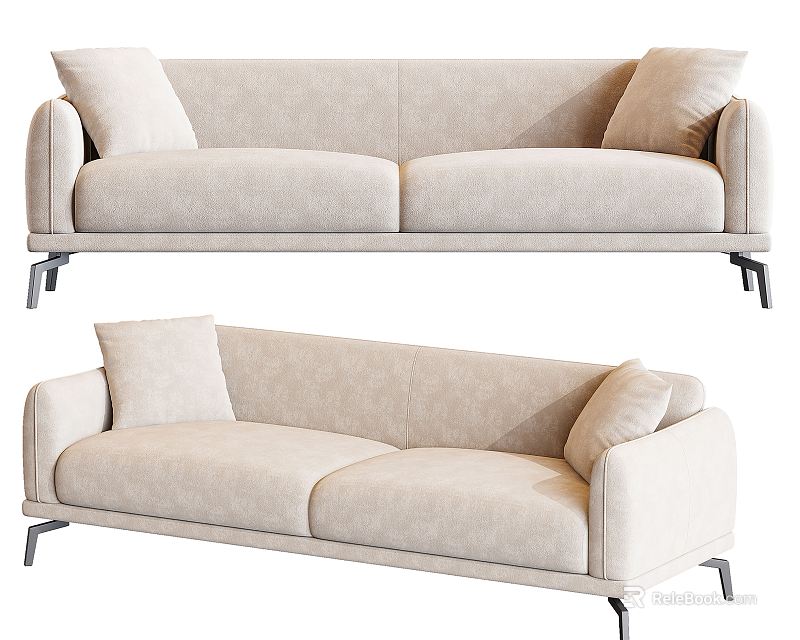 Modern Minimalist Beige Two Seater Sofa With Metal Legs And Cushioned Design 3d model 