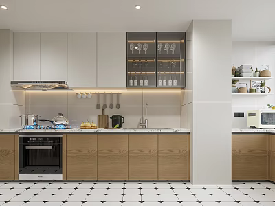 Modern Minimalist Kitchen Interior Design With Wooden Cabinets White Countertop And Appliances 3d model