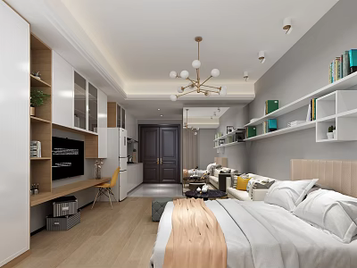 Modern Apartment Open Layout With Living Sleeping Area Wooden Floor Bookshelves Chandelier And TV Unit 3d model