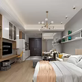 Modern Apartment Open Layout With Living Sleeping Area Wooden Floor Bookshelves Chandelier And TV Unit