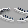 Monitoring Room With Curved Control Consoles Multiple Screens And Blue Office Chairs