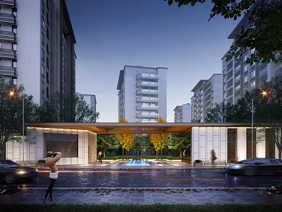 Modern High Rise Residential Area Entrance Evening View With Archway Fountain And Trees 3d model