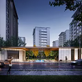 Modern High Rise Residential Area Entrance Evening View With Archway Fountain And Trees