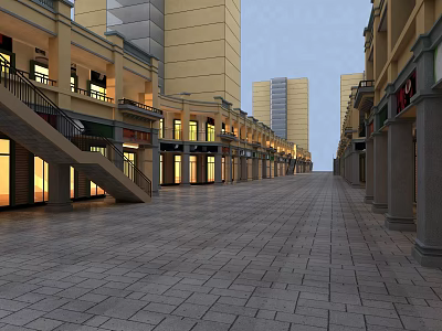 Commercial Street With Paved Walkway Multi Story Buildings And Illuminated Shop Fronts 3d model