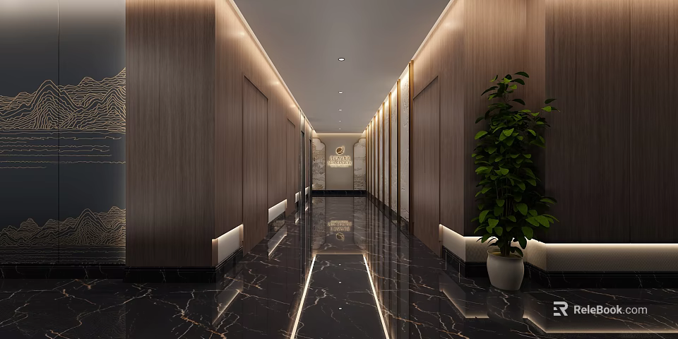 Modern Hotel Corridor Interior Design With Wooden Walls Marble Flooring And Potted Plant 3d model 