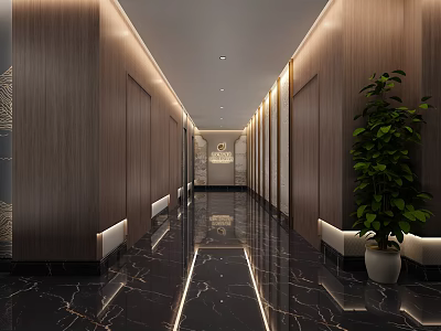 Modern Hotel Corridor Interior Design With Wooden Walls Marble Flooring And Potted Plant 3d model