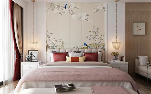 New Chinese Background Double Bed Double Bed 3d model
