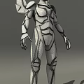 Futuristic Armored Character Displaying Detailed Geometric Armor Patterns And Glossy Finish