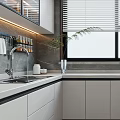 Modern Kitchen Interior With White Cabinets Gray Countertops And Window Blinds