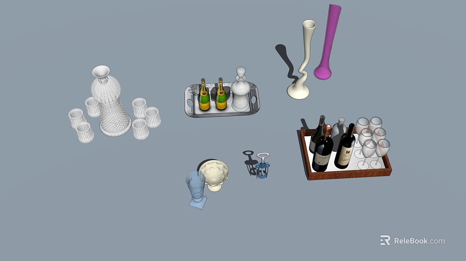 Assorted Wine Bottles and Glasses with Trays Ice Bucket and Bottle Opener 3d model 