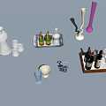 Assorted Wine Bottles and Glasses with Trays Ice Bucket and Bottle Opener