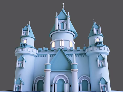 Fairy Tale Style Blue And White Castle With Spires Towers And Arched Doors 3d model