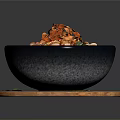 Colorful Mixed Dish with Chilies Peanuts in Black Bowl on Wooden Tray and Green Garnish