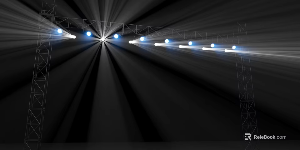 Bright Stage Spotlights And Lighting Equipment Creating Dynamic Light Beams On Black Background 3d model 