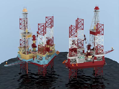 Offshore Oil Drilling Rigs Industrial Equipment With Red White Structures In Marine Environment 3d model