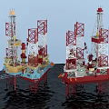 Offshore Oil Drilling Rigs Industrial Equipment With Red White Structures In Marine Environment
