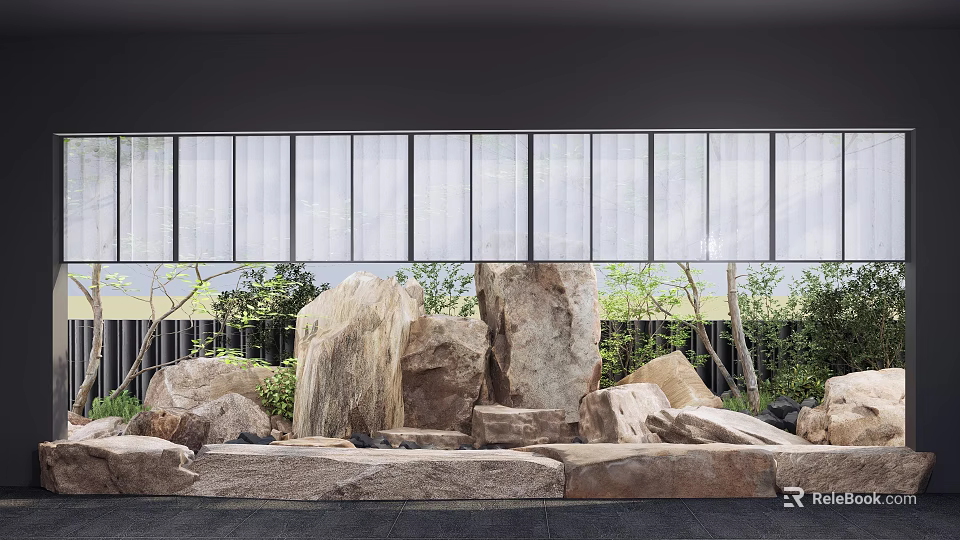 Modern Courtyard Garden With Stacked Rocks Water Feature And Lush Green Plants Behind Glass Windows 3d model 