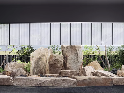 Modern Courtyard Garden With Stacked Rocks Water Feature And Lush Green Plants Behind Glass Windows 3d model