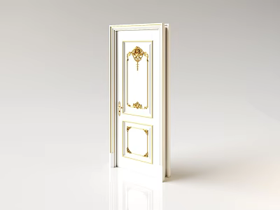 Elegant White Hinged Door With Golden Decorative Trim And Glass Panel 3d model
