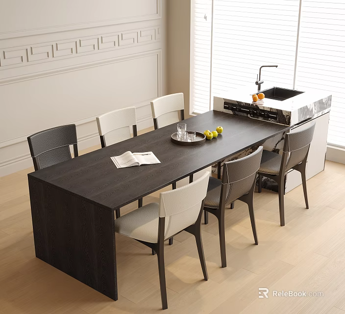 Dark Wooden Dining Table with Gray White Chairs and Fruit Platter in Light Room 3d model 