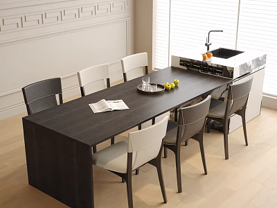 Dark Wooden Dining Table with Gray White Chairs and Fruit Platter in Light Room 3d model