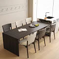 Dark Wooden Dining Table with Gray White Chairs and Fruit Platter in Light Room