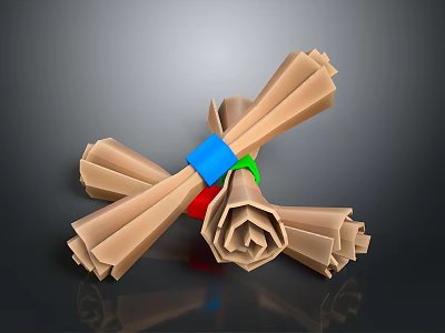 Crossed Rolled Paper Crafts With Blue And Green Bands On Reflective Surface 3d model