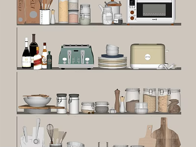 Organized Kitchen Shelves With Toaster Microwave Jars Plates And Various Kitchen Utensils 3d model
