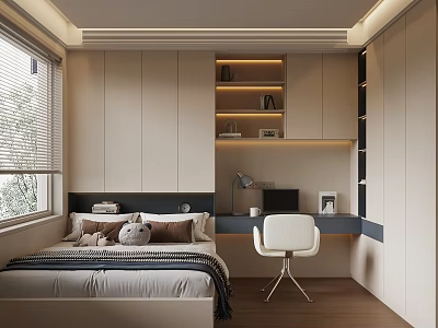Modern Minimalist Bedroom Interior Design With Bed Desk Chair Shelves And Window 3d model