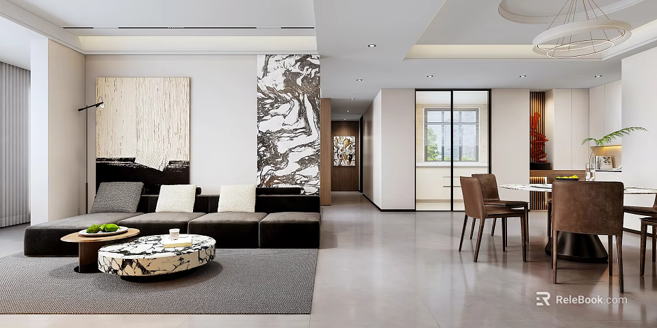 Modern Living and Dining Room Interior Design With Sofa Coffee Table Dining Chairs And Wall Decor 3d model 
