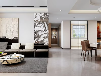 Modern Living and Dining Room Interior Design With Sofa Coffee Table Dining Chairs And Wall Decor 3d model