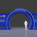Blue Digital Illumination Expo Archway With Exhibition Entrance And Human Figure Model