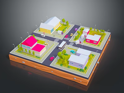 Detailed Miniature City Model With Colorful Buildings Roads Vehicles Trees And Street Lamps 3d model
