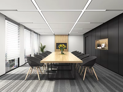 Modern Conference Room Interior With Long Wooden Table Black Chairs Green Plant And Window Blinds 3d model