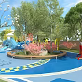 Park Landscape Featuring Curved Blue Water Play Slides Green Lawns And Pink Flowering Trees