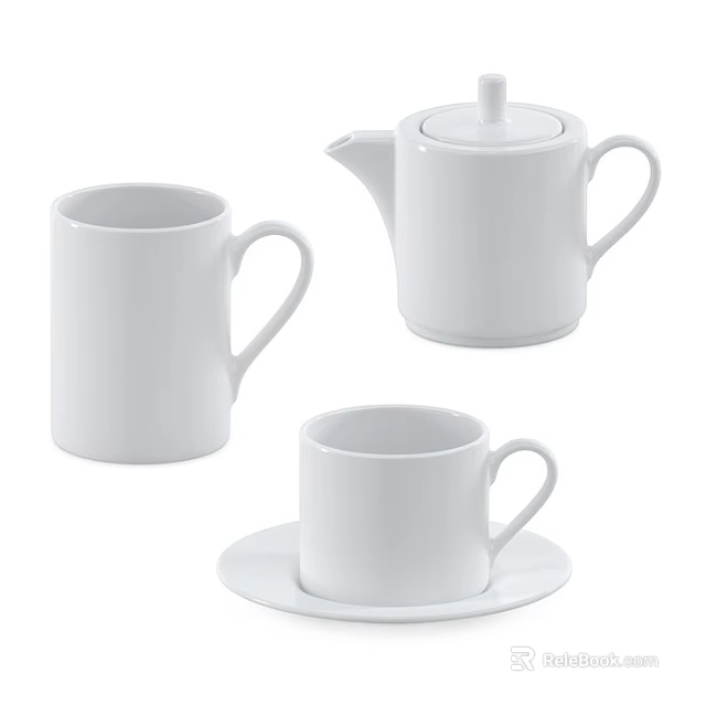 White Ceramic Tea Set with Teapot Mugs and Saucers for Home Use 3d model 