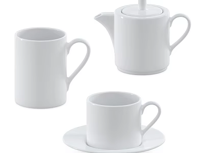 White Ceramic Tea Set with Teapot Mugs and Saucers for Home Use 3d model