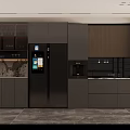Modern Kitchen Sideboard With Dark Wood Cabinets Glass Shelves And Marble Countertop