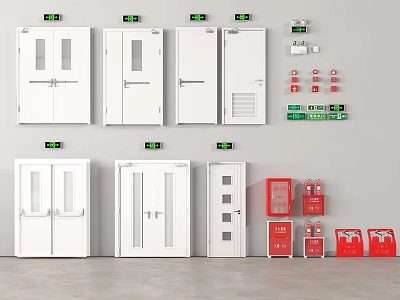 Assorted White Doors With Fire Extinguishers And Exit Signs 3d model