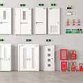 Assorted White Doors With Fire Extinguishers And Exit Signs 3d model