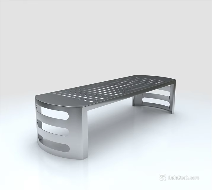 Modern Metal Public Bench With Perforated Surface And Sleek Curved Structure 3d model 