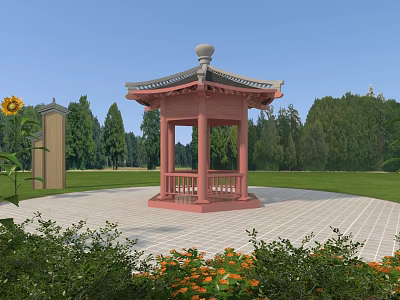 Chinese Style Red Pavilion In Garden With Grassland Trees And Sunflower 3d model