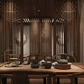 Traditional Chinese Teahouse Interior With Bamboo Partitions Round Wooden Table Chairs Bookshelves And Hanging Lamps