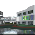 Modern School Building with Green Lawn Colorful Umbrella Structures Large Windows and Bright Exterior Design