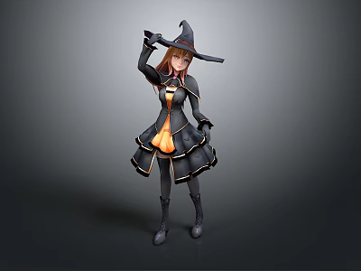 Anime Style Game Movie Witch Character in Black and Orange Outfit Holding Broomstick 3d model