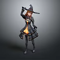 Anime Style Game Movie Witch Character in Black and Orange Outfit Holding Broomstick