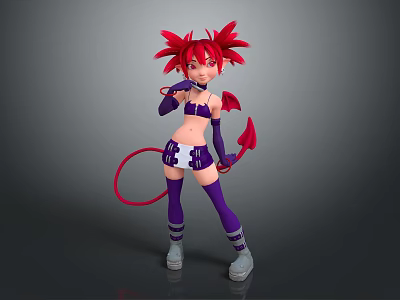 Game Anime Character With Red Spiky Hair Purple Costume Demon Horns And Red Tail 3d model