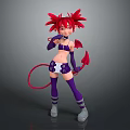 Game Anime Character With Red Spiky Hair Purple Costume Demon Horns And Red Tail